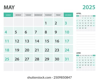 Calendar 2025 template- May 2025 year, monthly planner, Desk Calendar 2025 template, Wall calendar design, Week Start On Sunday, Stationery, printing, office organizer vector