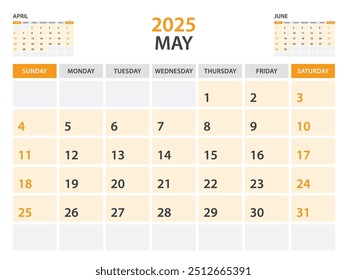 Calendar 2025 template- May 2025 year, monthly planner, Desk Calendar 2025 template, Wall calendar design, Week Start On Sunday, Stationery, printing, office organizer vector, orange background