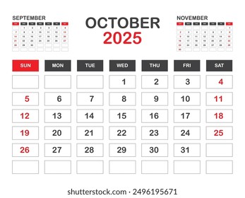 Calendar 2025 template minimal style, October 2025 template, Desk calendar 2025 year, Wall calendar, Week starts on sunday, Planner, Printing media, poster, advertisement, Red background vector