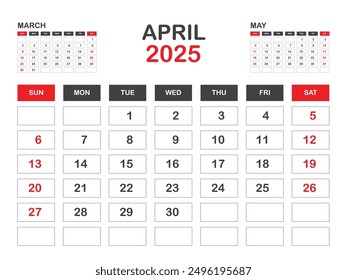 Calendar 2025 template minimal style, April 2025 template, Desk calendar 2025 year, Wall calendar, Week starts on sunday, Planner, Printing media, poster, advertisement, Red background vector