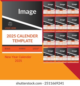 calendar, 2025, template, month, wall, horizontal, 12, design, vector, planner, office, frame, layout, typography, red, holiday, corporate, cover, event, year,section, a4, monthly, printable,