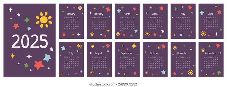 Calendar 2025 template. Monthly calendar 2024 with cute rainbows, stars, moon. Trendy colors, cartoon style. Starts on Sunday. Modern calendar for kids. Children cute nursery style. Design Template