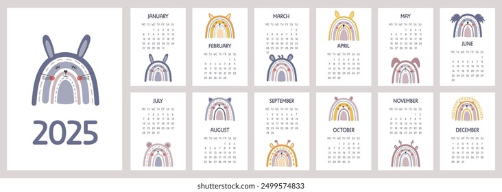 Calendar 2025 template. Monthly calendar 2025 with boho animals rainbows. Trendy colors, cartoon style. Starts on Monday. A modern cute calendar for kids, nursery. Vertical A4 design template.