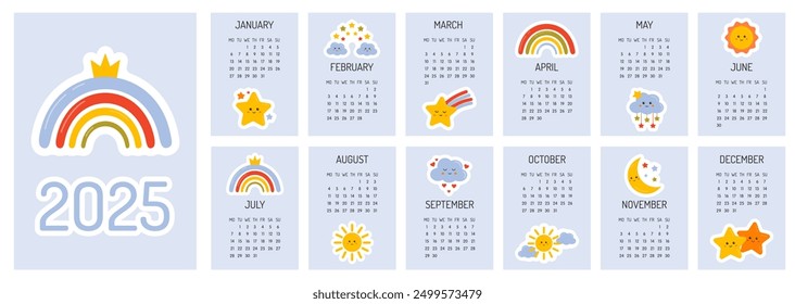 Calendar 2025 template. Monthly calendar 2025 with cute rainbows, stars, moon. Trendy colors, cartoon style. Starts on Monday. A modern calendar for kids. Children cute nursery style. Design Template