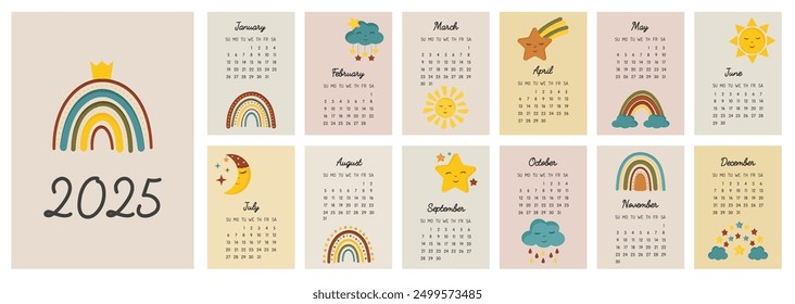 Vorlage Kalender 2025. Monatskalender 2025 mit süßen Regenbögen, Sternen, Mond. Trendfarben, Cartoon-Stil. Beginnt am Sonntag. Ein moderner Kinderkalender. Kinder süßen Kindergarten Stil. Entwurfsvorlage