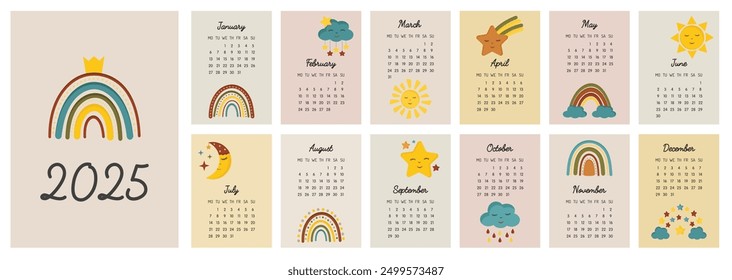 Calendar 2025 template. Monthly calendar 2025 with cute rainbows, stars, moon. Trendy colors, cartoon style. Starts on Monday. A modern calendar for kids. Children cute nursery style. Design Template