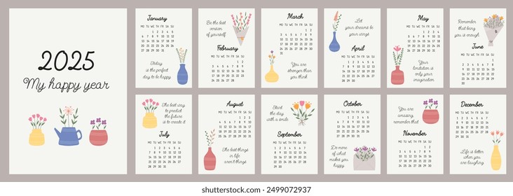 Plantilla Calendario 2025. Calendario mensual 2025 con flores dibujadas a mano, presupuestos de motivación para cada día. Empieza el lunes. Un calendario moderno para la oficina, organizador, lugar de trabajo, regalo. Plantilla de diseño.