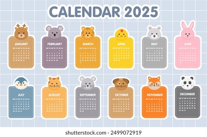 Calendar 2025 template. Monthly calendar 2025 for kids with cute animals,12 Month vertical template. Starts on Monday. A modern calendar for nursery, kids play zone, organizer, planner.