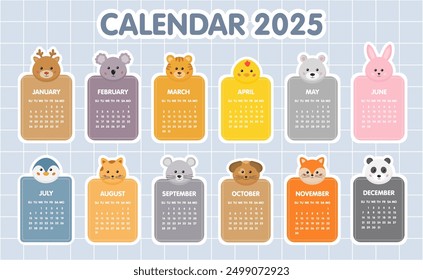 Plantilla Calendario 2025. Calendario mensual 2025 para niños con animales lindos, Plantilla de Vertical de 12 meses. Empieza el domingo. Un calendario moderno para la guardería, zona de juegos para niños, organizador, planificador.