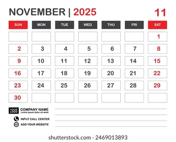 Calendario 2025 Plantilla, Noviembre 2025 diseño, Calendario de mesa 2025 año, Diseño de calendario de pared, La semana comienza el domingo, Planificador, Medios de impresión, cartel, organizador, publicidad, Fondo rojo, Vector
