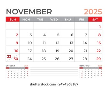 Kalender 2025 Vorlage, November 2025 Seite, Schreibtischkalender 2025 Jahr, Planerdesign, Wandkalender, Wochenbeginn am Sonntag, Schreibwarendesign, Schreibtischbüro, Organisatorbüro, Vektorgrafik eps10