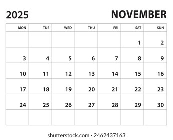Calendar 2025 template - November 2025 vector on white background, week start on monday, Desk calendar 2025 year, Wall calendar design, corporate planner template, clean style, horizontal template