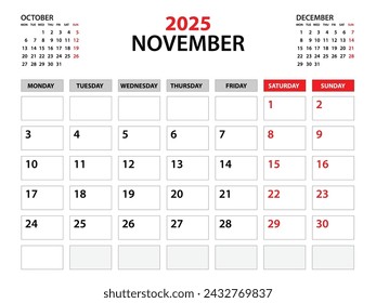 Plantilla de calendario 2025, Noviembre 2025 año, plantilla de planificador, planificadores mensuales y anuales, lunes de inicio de semana, diseño de calendario de pared, planificador corporativo, calendario de escritorio 2025, impresión, vector