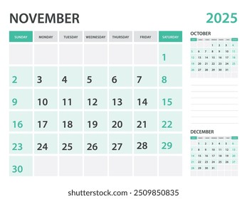 Calendar 2025 template- November 2025 year, monthly planner, Desk Calendar 2025 template, Wall calendar design, Week Start On Sunday, Stationery, printing, office organizer vector