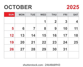 Calendario 2025 Plantilla, Octubre 2025 layout, Planificador mensual minimalista imprimible, Plantilla Desk Calendar 2025, Diseño de calendario de pared, Inicio de semana el domingo, Papelería, impresión, color rojo, Vector
