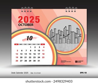 Calendar 2025 template - October 2025 month layout, Desk calendar 2025 year, calendar Planner design, Week starts on Sunday, wall calendar, stationery, organizer office, orange background, vector 