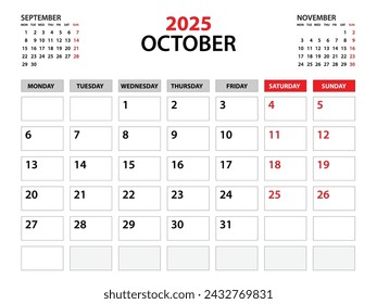 Plantilla de calendario 2025, año de octubre 2025, plantilla de planificador, planificadores mensuales y anuales, lunes de inicio de semana, diseño de calendario de pared, planificador corporativo, calendario de escritorio 2025, impresión, vector