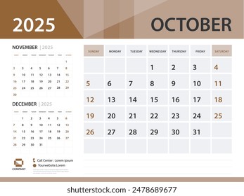 Calendar 2025 template, October 2025 year, Desk Calendar 2025 template, Week Start On Sunday, Wall calendar design, Planner layout, Stationery, Poster, printing media, Brown background vector