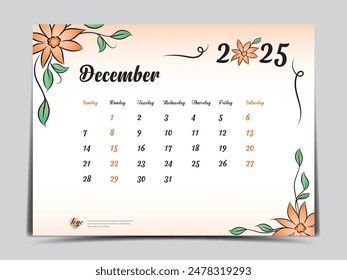 Calendar 2025 template on  flowers background, December 2025 template, Monthly calendar planner artwork, Desk calendar 2025 design, Wall Calendar design, Poster, simple, vector eps10