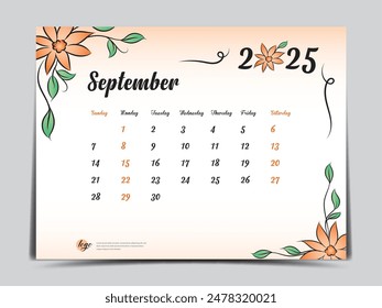 Calendar 2025 template on  flowers background, September 2025 template, Monthly calendar planner artwork, Desk calendar 2025 design, Wall Calendar design, Poster, simple, vector eps10