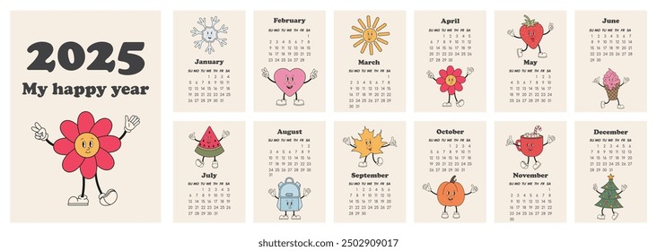 Calendar 2025 template in retro groovy style. Monthly calendar 2025. Starts Sunday. My happy year. Modern calendar for office, organizer, working place, wall, table. Vertical A4 Design Template.