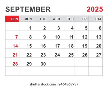 Calendario 2025 Plantilla, diseño de septiembre de 2025, planificador mensual minimalista imprimible, Plantilla Desk Calendar 2025, Diseño de calendario de pared, Inicio de semana el domingo, Papelería, impresión, color rojo, Vector
