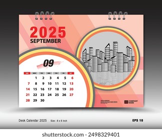 Calendar 2025 template - September 2025 month layout, Desk calendar 2025 year, calendar Planner design, Week starts on Sunday, wall calendar, stationery, organizer office, orange background, vector 