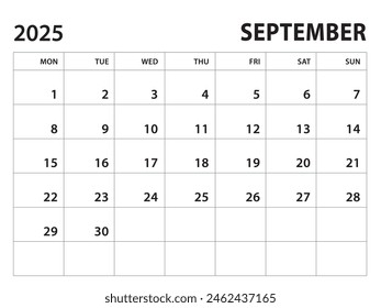 Calendar 2025 template - September 2025 vector on white background, week start on monday, Desk calendar 2025 year, Wall calendar design, corporate planner template, clean style, horizontal template