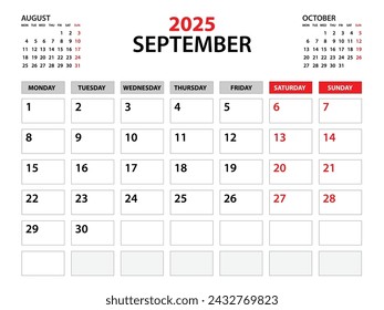 Plantilla de calendario 2025, año septiembre 2025, plantilla de planificador, planificadores mensuales y anuales, lunes de inicio de semana, diseño de calendario de pared, planificador corporativo, calendario de escritorio 2025, impresión, vector