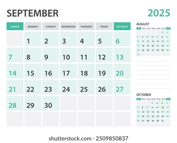 Calendar 2025 template- September 2025 year, monthly planner, Desk Calendar 2025 template, Wall calendar design, Week Start On Sunday, Stationery, printing, office organizer vector