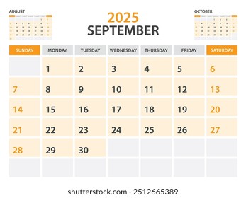 Calendar 2025 template- September 2025 year, monthly planner, Desk Calendar 2025 template, Wall calendar design, Week Start On Sunday, Stationery, printing, office organizer vector, orange background