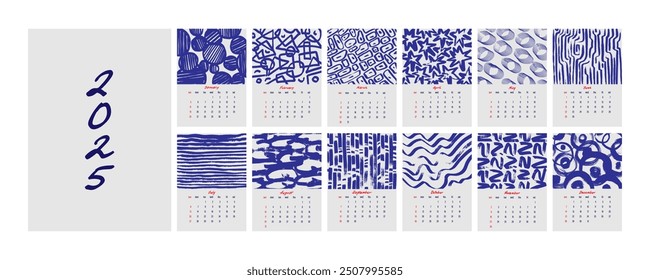 Calendar 2025. Calendar template series. Monthly template. Abstraction shapes. Trendy vector illustration.