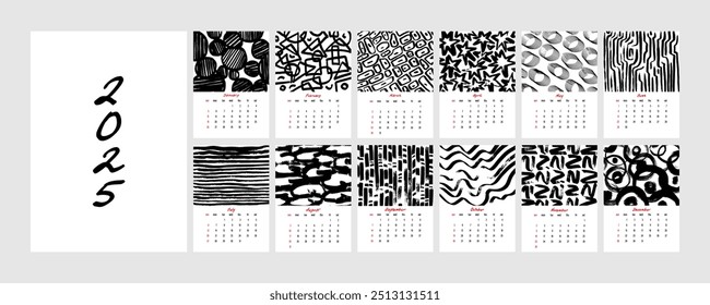 Calendar 2025. Calendar template series. Monthly template. Abstraction shapes. Trendy vector illustration.