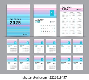 Calendar 2025 template set and 2026 year pastel concept, wall calendar 2025, Desk calendar 2025 set, cover design, Set of 12 Months, Week starts Sunday, Stationery, planner, printing media, poster