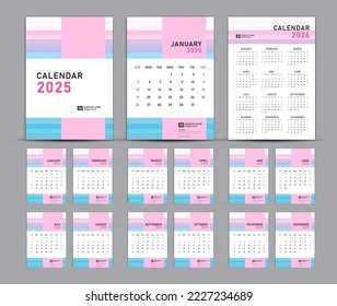Kalendersatz 2025 Vorlage und 2026-jähriges Pastellkonzept, Wandkalender 2025, Schreibtischkalender 2025, Titeldesign, Set von 12 Monaten, Woche beginnt Sonntag, Schreibtisch, Planer, Druckmedien, Poster