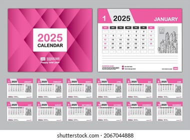 Calendar 2025 Template, Set Desk Calendar 2025 design, Set of 12 Months, Planner, wall Calendar design, Week starts on Monday, Pink Cover design, poster, advertisement, professional Business template