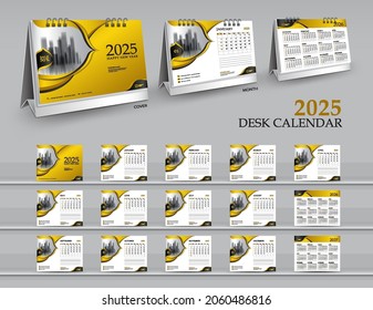 Calendar 2025 template set on gold background, calendar 2026-2027 year, 3d mockup desk calendar 2025 luxurious concept, Wall Calendar, gold cover design, Set of 12 Months, Week starts Sunday, vector
