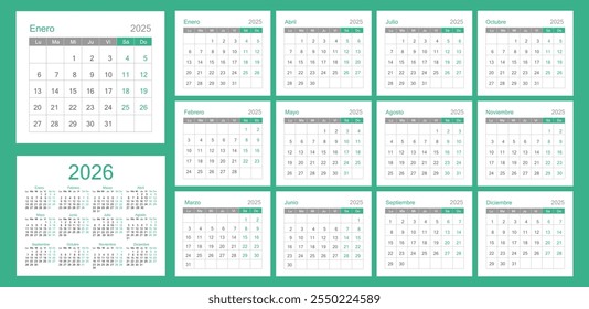 Calendar 2025 template in Spanish for 12 months. The week starts on Monday. Calendar of 12 monthly pages. Calendar for 2026.