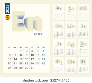 Calendar 2025 template in Spanish language, minimalist calendar set for 2025 year on yellow background.