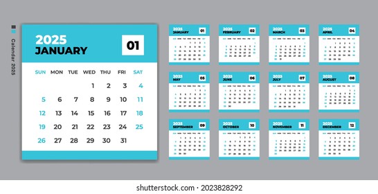 Calendar 2025 template vector, Desk Calendar design, Wall calendar, Week Starts on Sunday. Set of 12 Months, planner 2025 template, Blue background, 