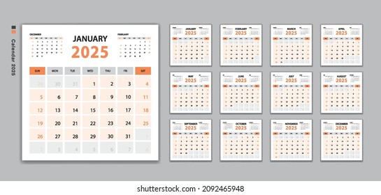Calendar 2025 template vector, Desk Calendar 2025 design, Wall calendar, Week Starts on Sunday. Set of 12 Months, planner 2025 template, Printing media, advertisement, minimal style