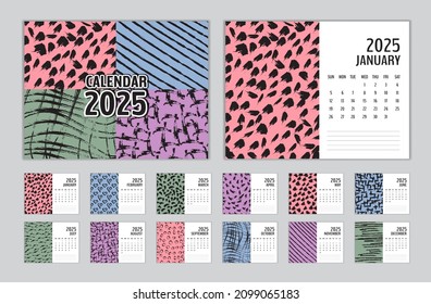 Kalender 2025 Vorlage Vektor Memphis Stil, Set-Desk-Kalender 2025, Planer-Design, Wochenbeginn am Sonntag, Wall-Kalender 2025 Vorlage, Set of 12 Months, Memphis-Titeldesign, Tagebuch, Druckmedien