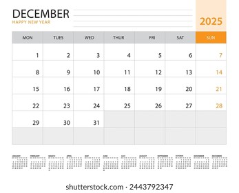 Calendario 2025 vector de plantilla sobre fondo naranja, diciembre 2025, inicio de la semana el lunes, calendario de escritorio 2025 año, diseño de calendario de pared, plantilla de planificador corporativo, papelería, diario del organizador, vector