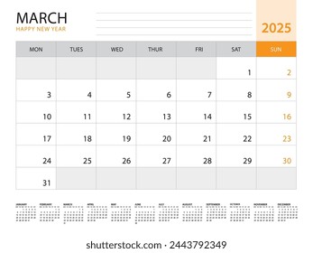 Calendar 2025 template vector on orange background, March 2025, week start on monday, Desk calendar 2025 year, Wall calendar design, corporate planner template, Stationery, organizer diary, vector