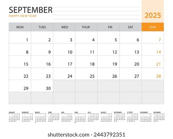 Calendar 2025 template vector on orange background, September 2025, week start on monday, Desk calendar 2025 year, Wall calendar design, corporate planner template, Stationery, organizer diary, vector