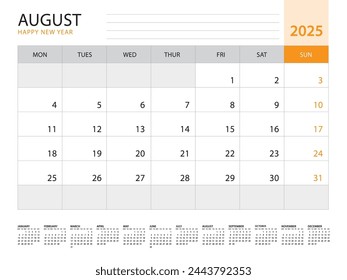 Calendar 2025 template vector on orange background, August 2025, week start on monday, Desk calendar 2025 year, Wall calendar design, corporate planner template, Stationery, organizer diary, vector