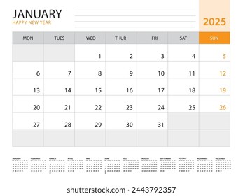 Kalender 2025 Vorlage Vektor auf orangefarbenem Hintergrund, Januar 2025, Wochenbeginn am Montag, Schreibtischkalender 2025 Jahr, Wandkalenderdesign, Unternehmensplanervorlage, Briefpapier, Organisatorentagebuch, Vektor