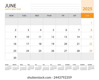 Calendario 2025 vector de plantilla sobre fondo naranja, junio 2025, inicio de la semana el lunes, calendario de escritorio 2025 año, diseño de calendario de pared, plantilla de planificador corporativo, papelería, diario del organizador, vector