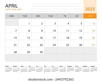 Calendar 2025 template vector on orange background, April 2025, week start on monday, Desk calendar 2025 year, Wall calendar design, corporate planner template, Stationery, organizer diary, vector