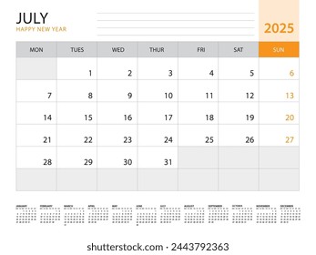 Calendar 2025 template vector on orange background, July 2025, week start on monday, Desk calendar 2025 year, Wall calendar design, corporate planner template, Stationery, organizer diary, vector